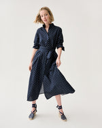 Load image into Gallery viewer, Annette Dress in Navy Leaf Printed Crinkle Cotton
