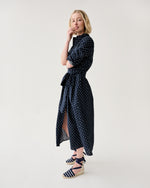 Load image into Gallery viewer, Annette Dress in Navy Leaf Printed Crinkle Cotton
