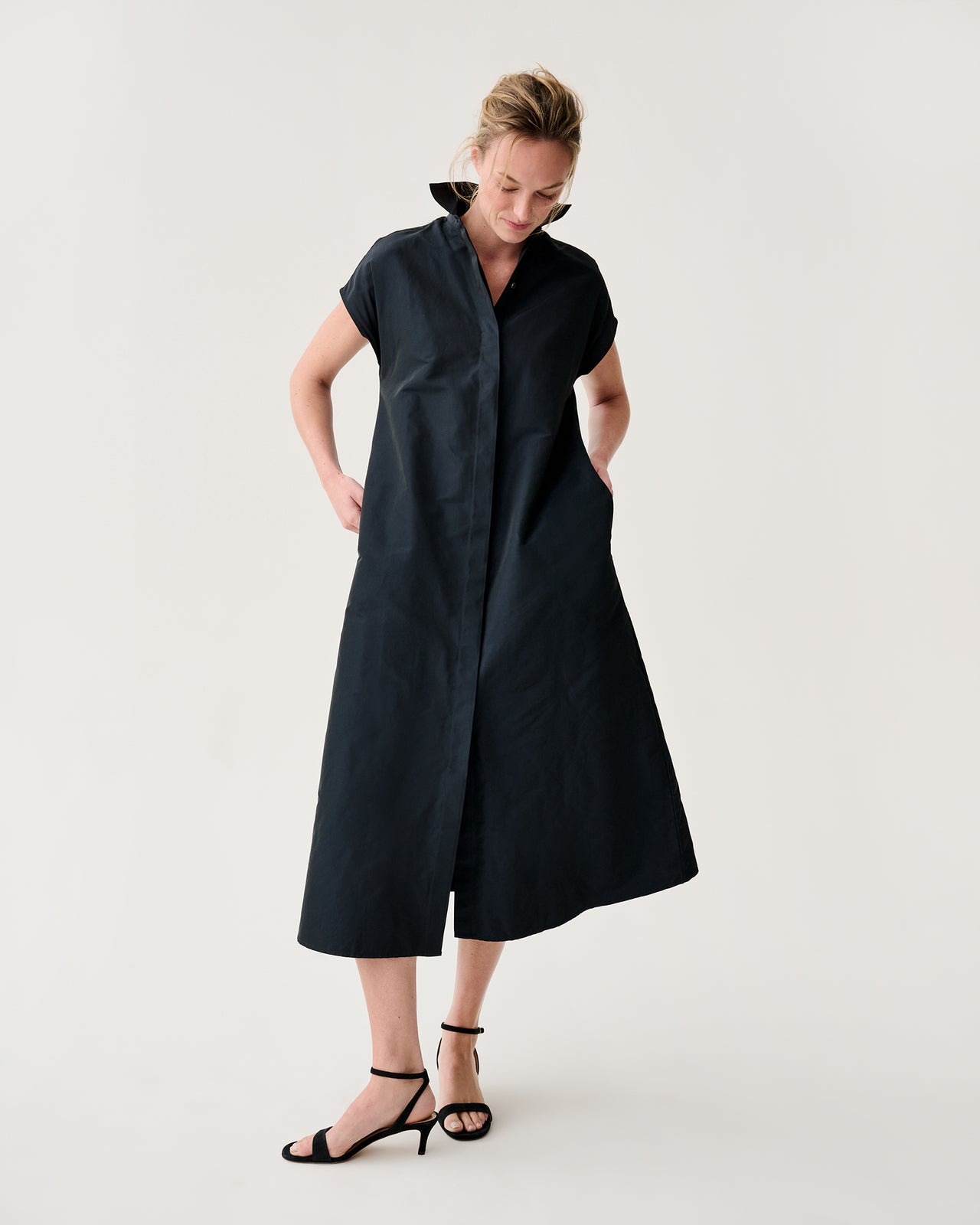 Gianna Maxi Collared Shirtdress in Navy Nylon Faille