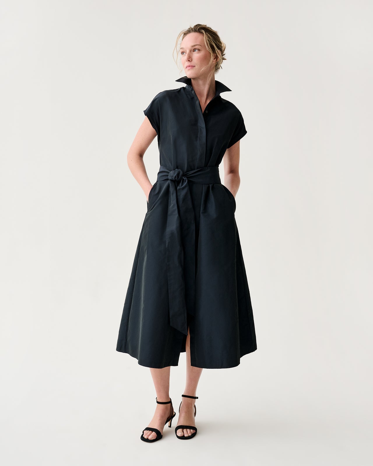 Gianna Maxi Collared Shirtdress in Navy Nylon Faille
