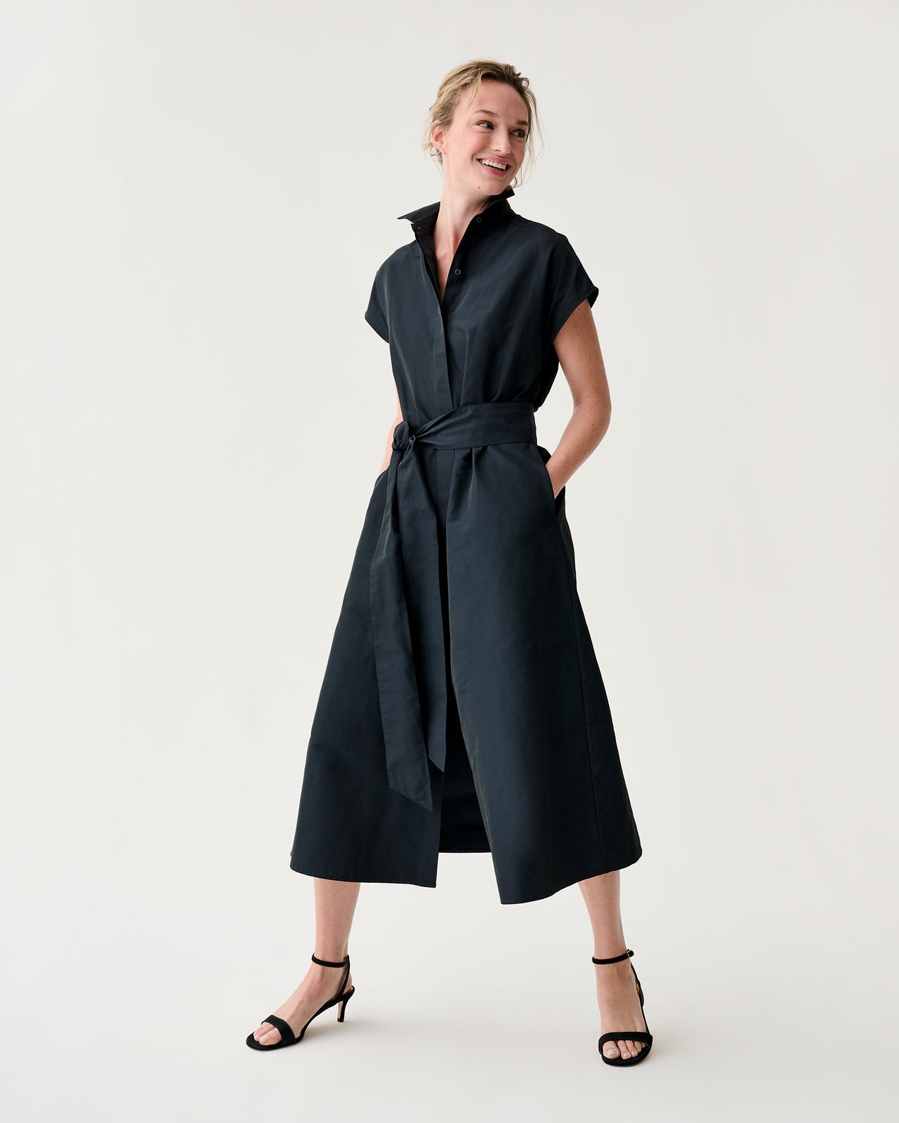 Gianna Maxi Collared Shirtdress in Navy Nylon Faille