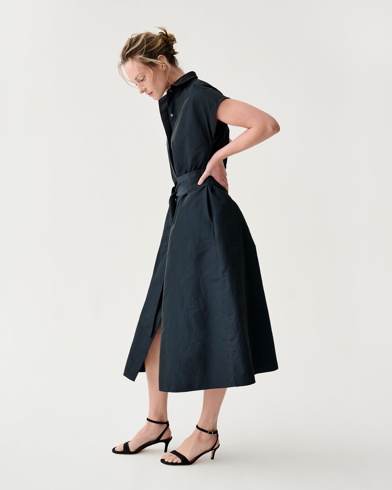 Gianna Maxi Collared Shirtdress in Navy Nylon Faille