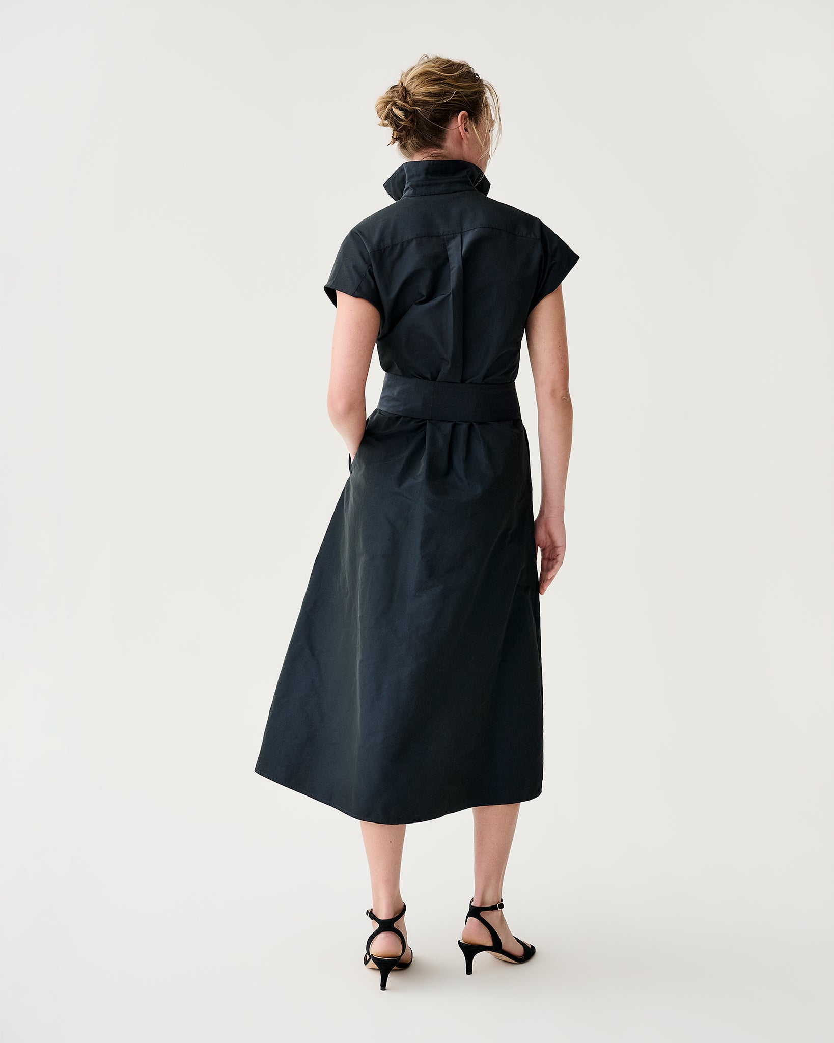 Gianna Maxi Collared Shirtdress in Navy Nylon Faille