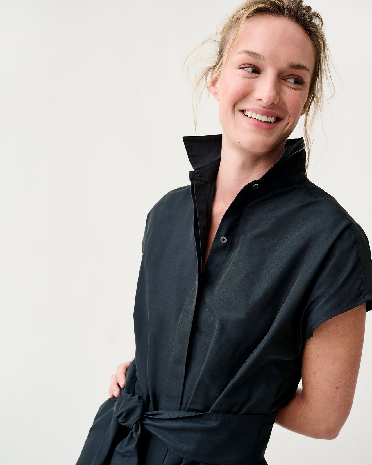 collared maxi shirt dress Gianna Maxi Collared Shirtdress in Navy Nylon Faille