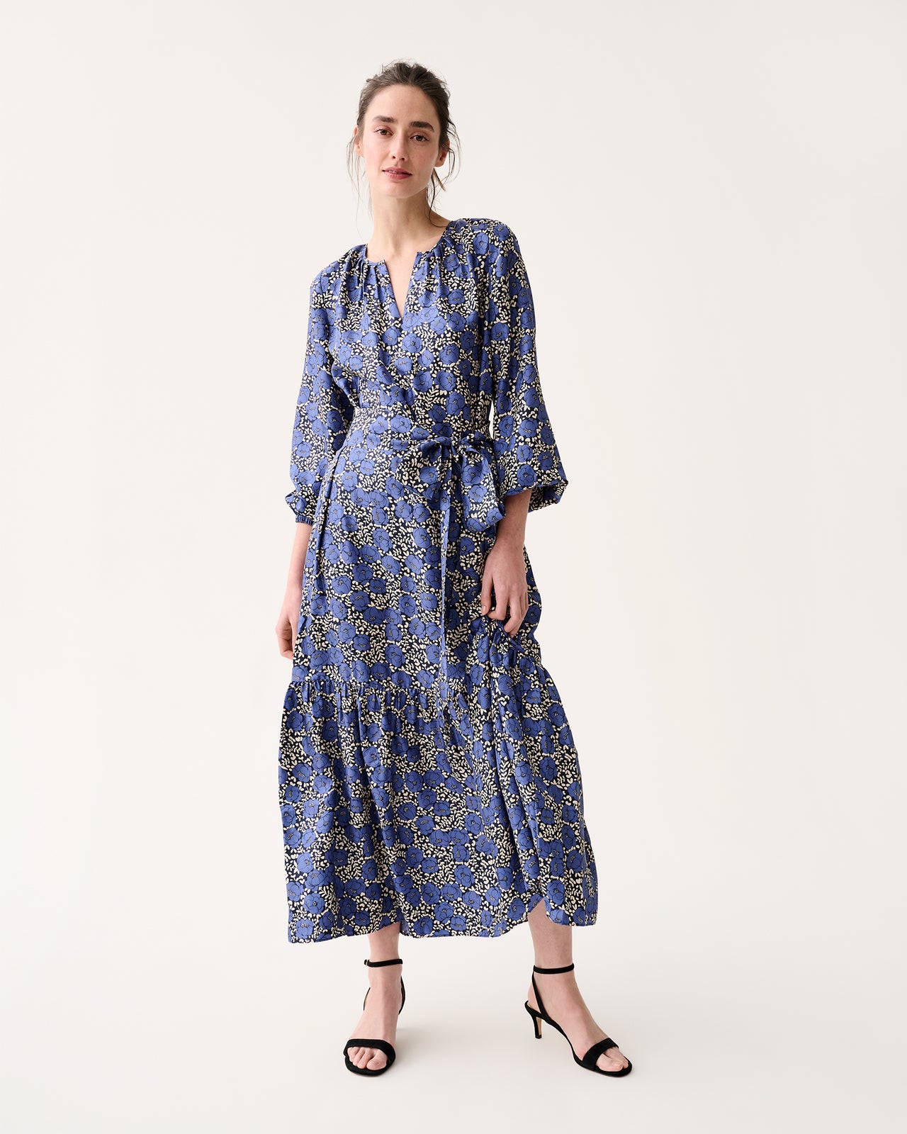 Aba Maxi Dress in Navy/Blue Peony Buds Printed Silk Twill