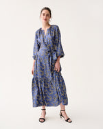 Load image into Gallery viewer, Aba Maxi Dress in Navy/Blue Peony Buds Printed Silk Twill
