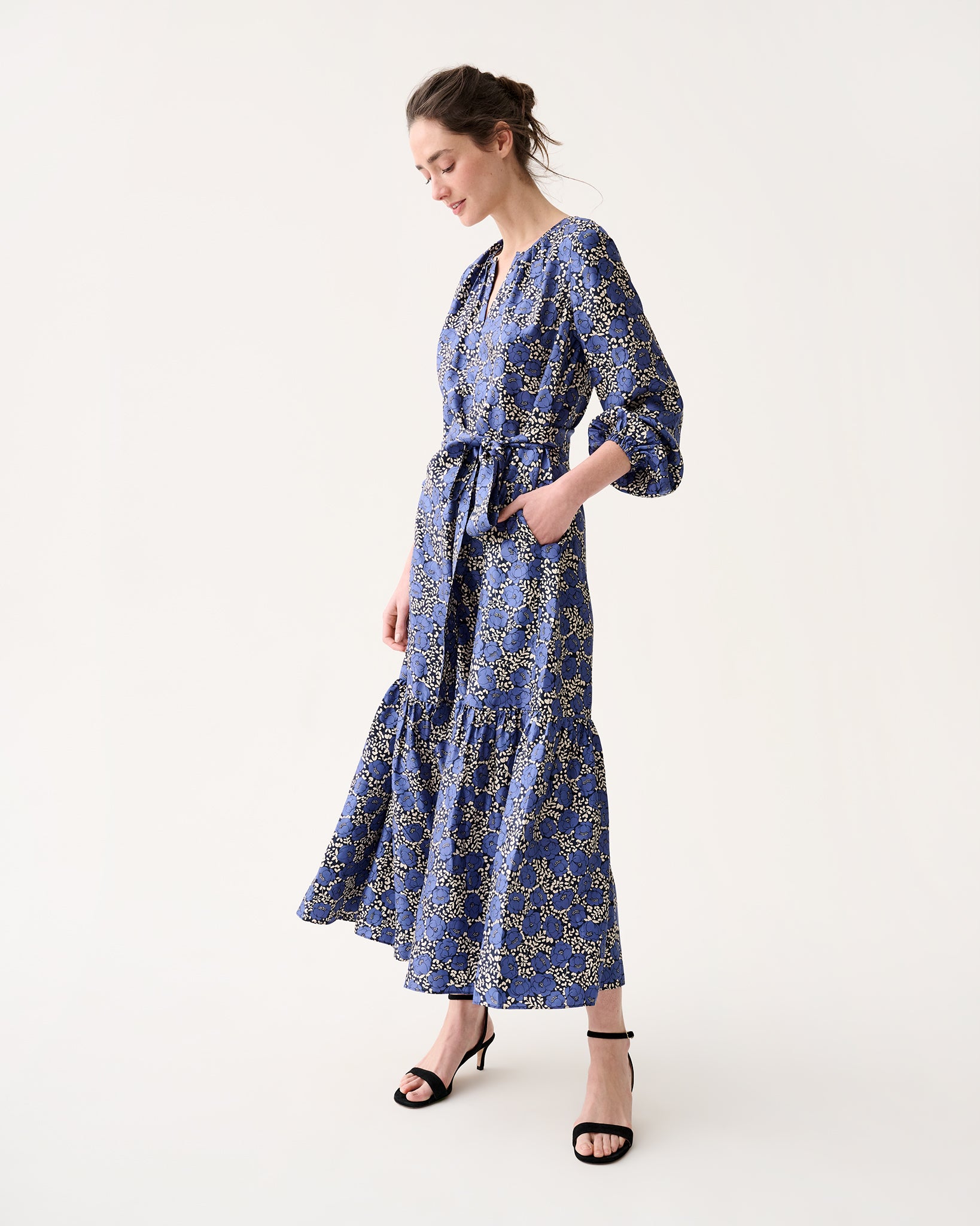 Aba Maxi Dress in Navy/Blue Peony Buds Printed Silk Twill