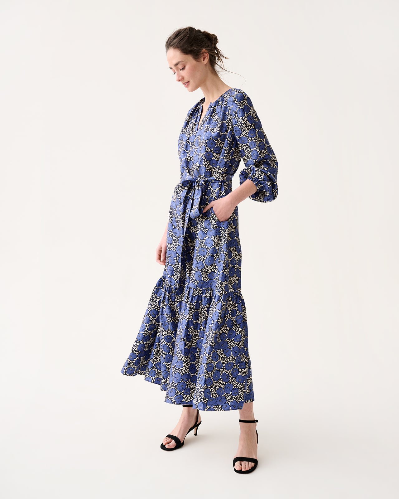 Aba Maxi Dress in Navy/Blue Peony Buds Printed Silk Twill