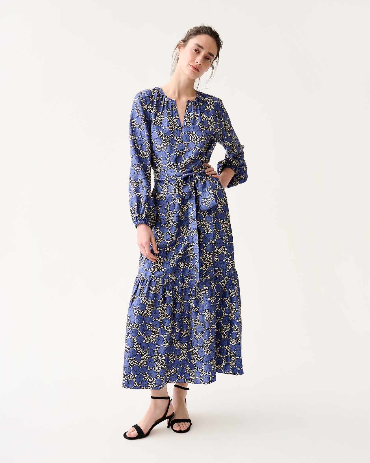 Aba Maxi Dress in Navy/Blue Peony Buds Printed Silk Twill