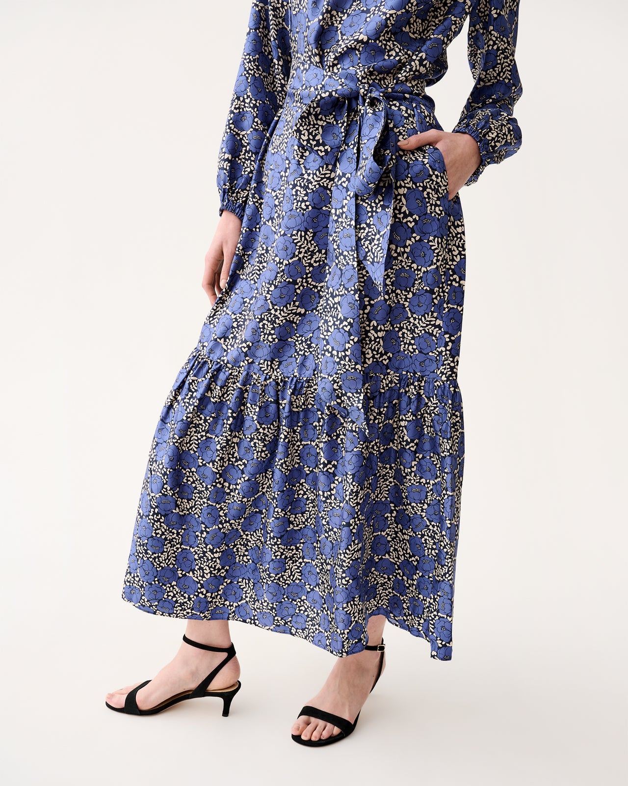 Aba Maxi Dress in Navy/Blue Peony Buds Printed Silk Twill
