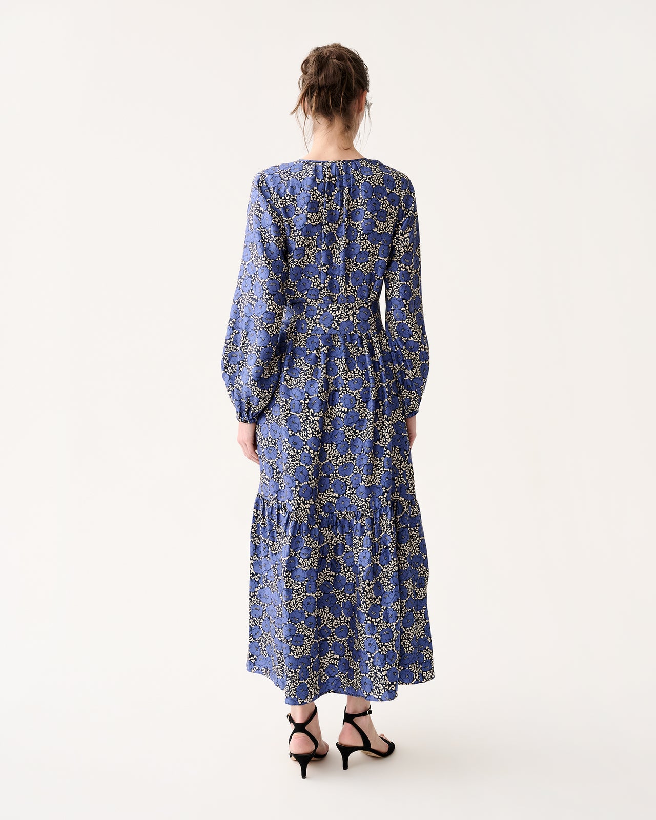 Aba Maxi Dress in Navy/Blue Peony Buds Printed Silk Twill