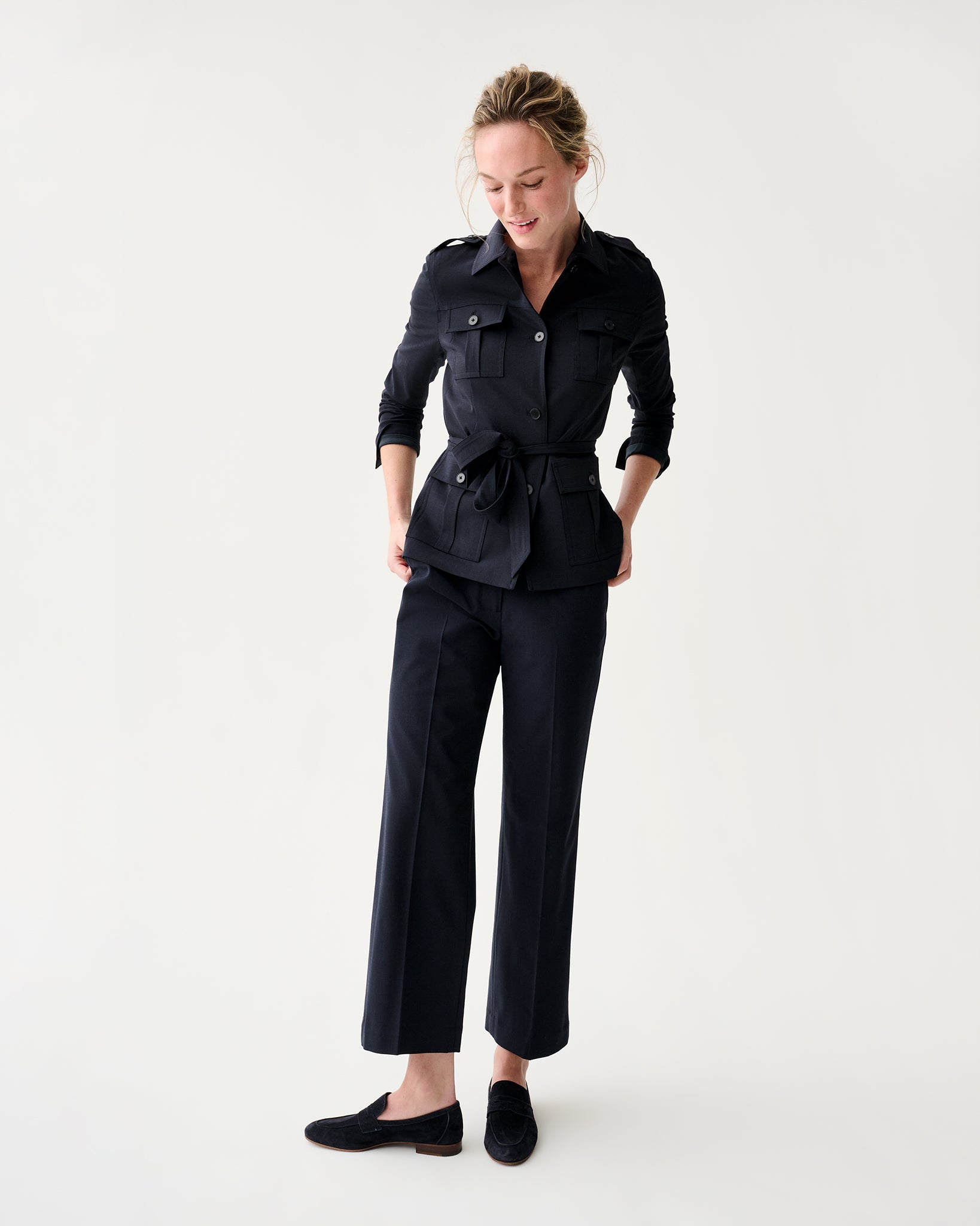 Safari Jacket in Navy Bi-Stretch Tropical Wool | Ann Mashburn