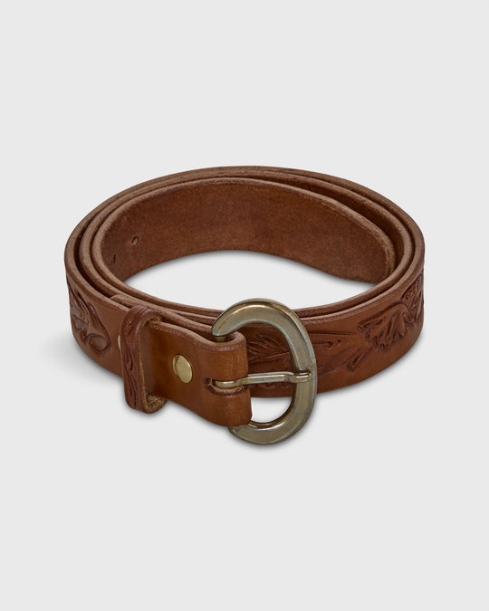 Hand-Tooled Belt in Brown Floral Leather