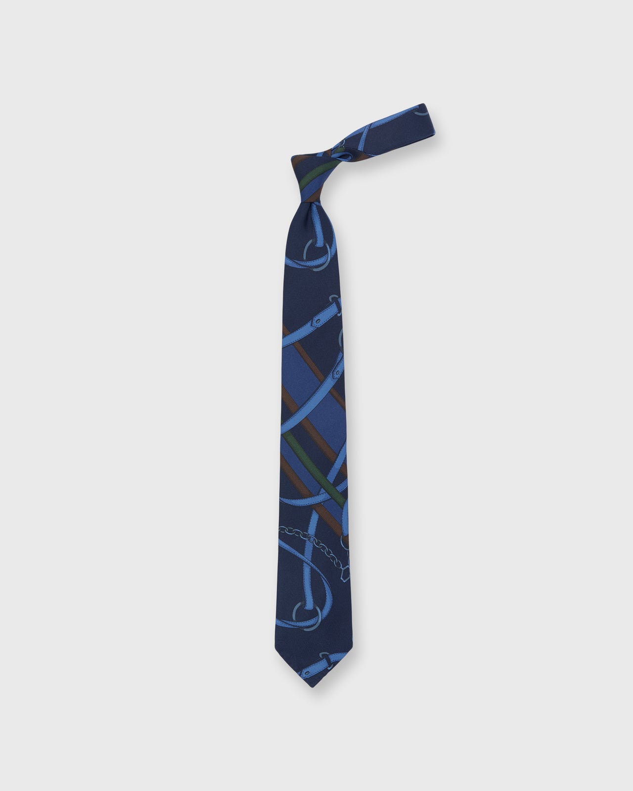 Silk Print Tie in Navy/Brown Equestrian