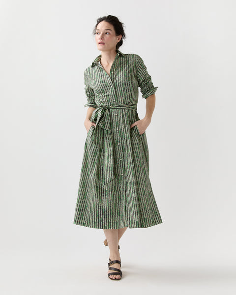 Classic Shirtwaist Dress in Green Floral Stripe Printed Poplin