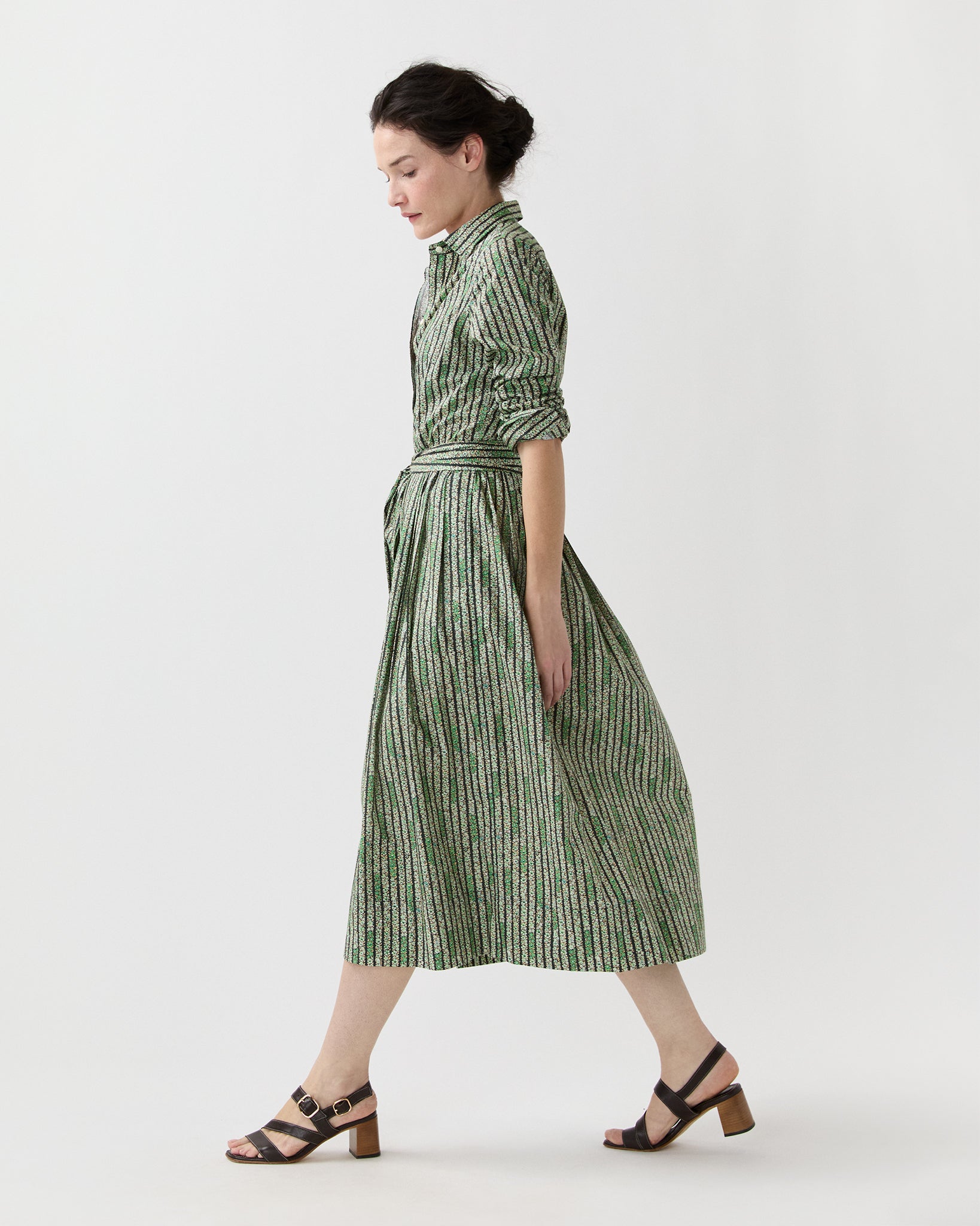 Classic Shirtwaist Dress in Green Floral Stripe Printed Poplin