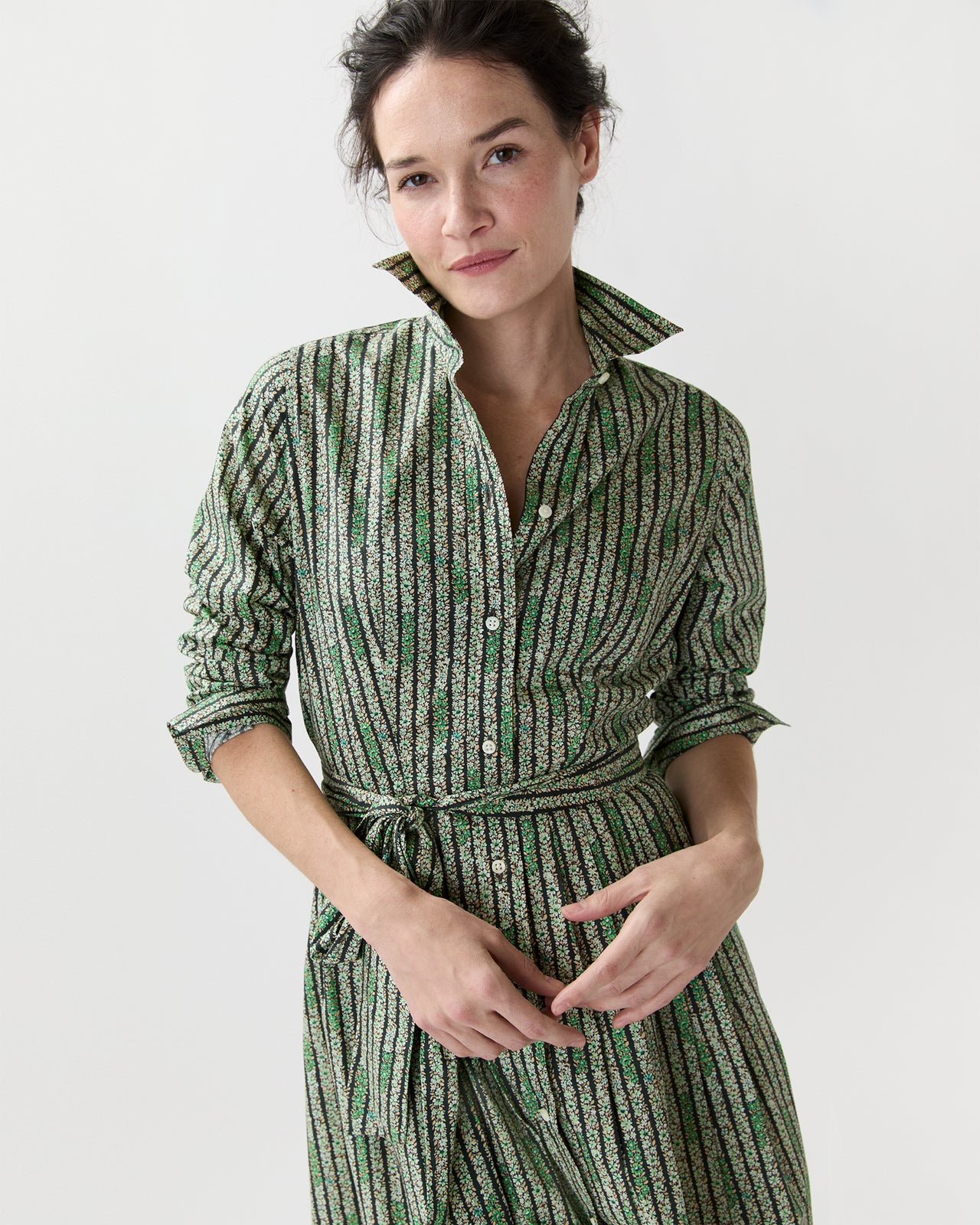 Classic Shirtwaist Dress in Green Floral Stripe Printed Poplin - L by Ann Mashburn Classic Shirtwaist Dress in Green Floral Stripe Printed Poplin - L by Ann Mashburn