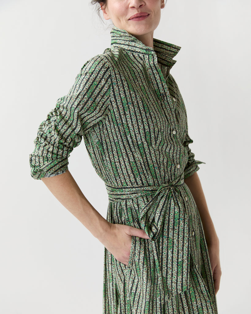 Classic Shirtwaist Dress in Green Floral Stripe Printed Poplin