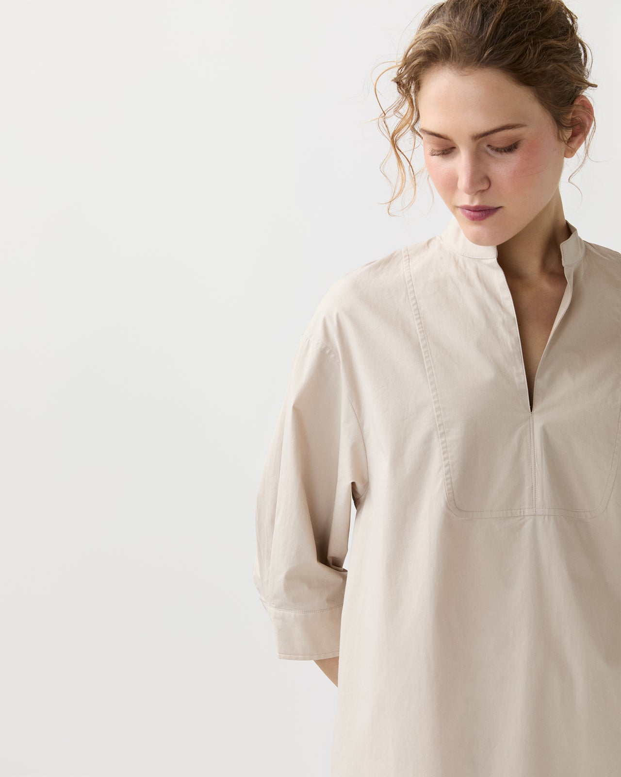 Cadie Dress in Sand Paperweight Stretch Poplin