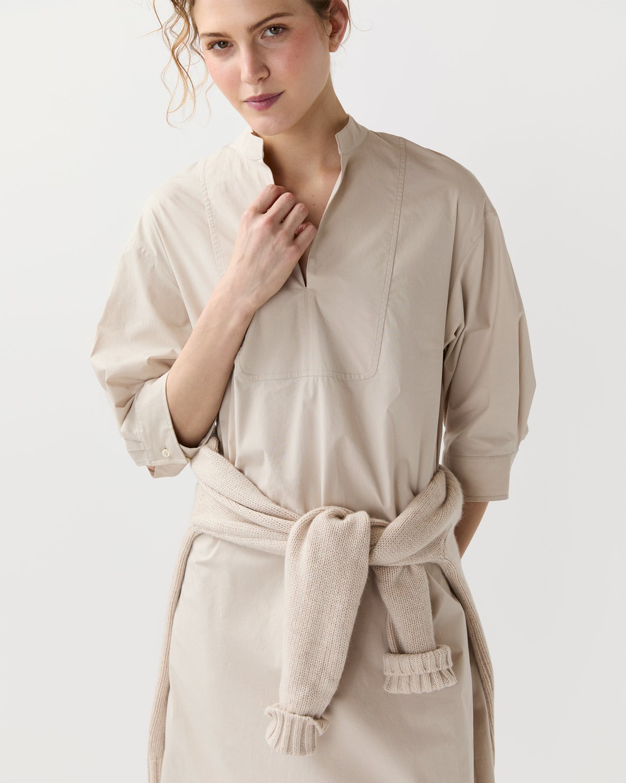 Cadie Dress in Sand Paperweight Stretch Poplin