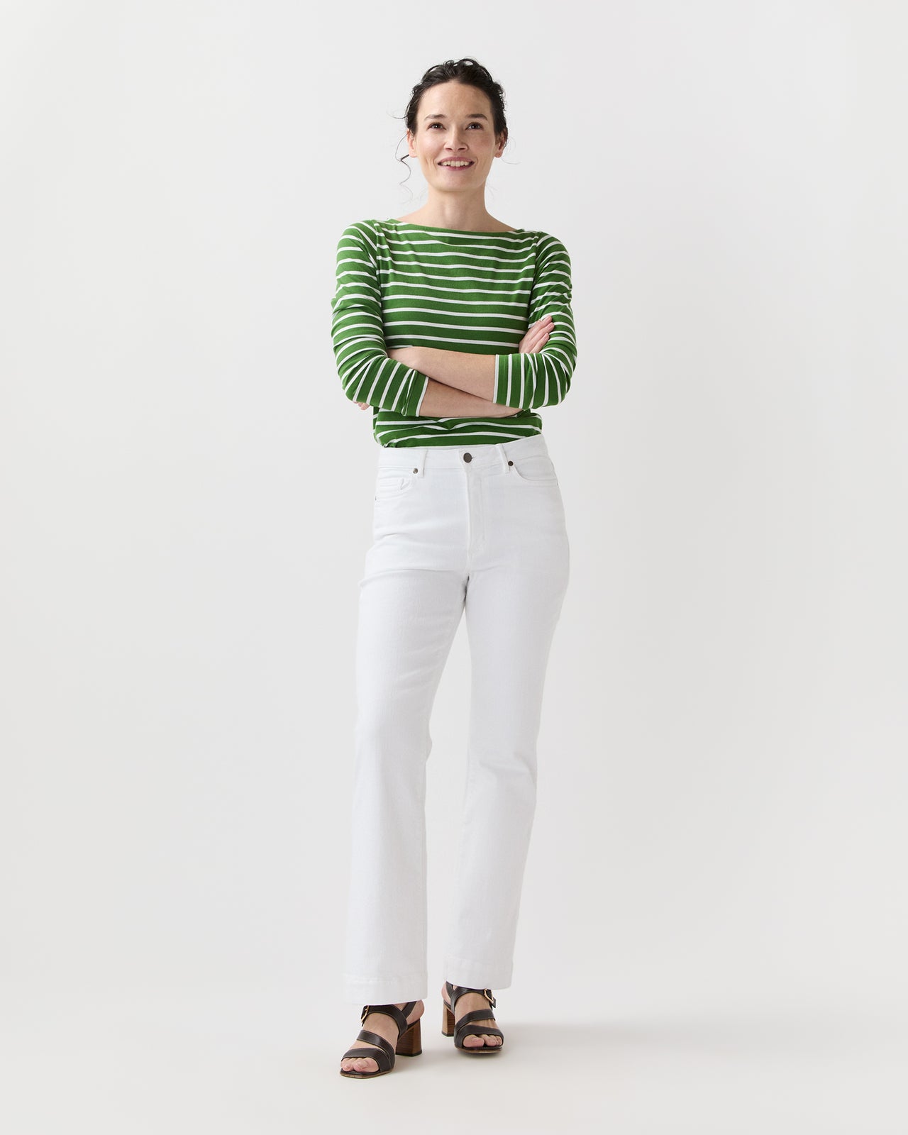 Long-Sleeved Boatneck Tee in Green/White Stripe Jersey