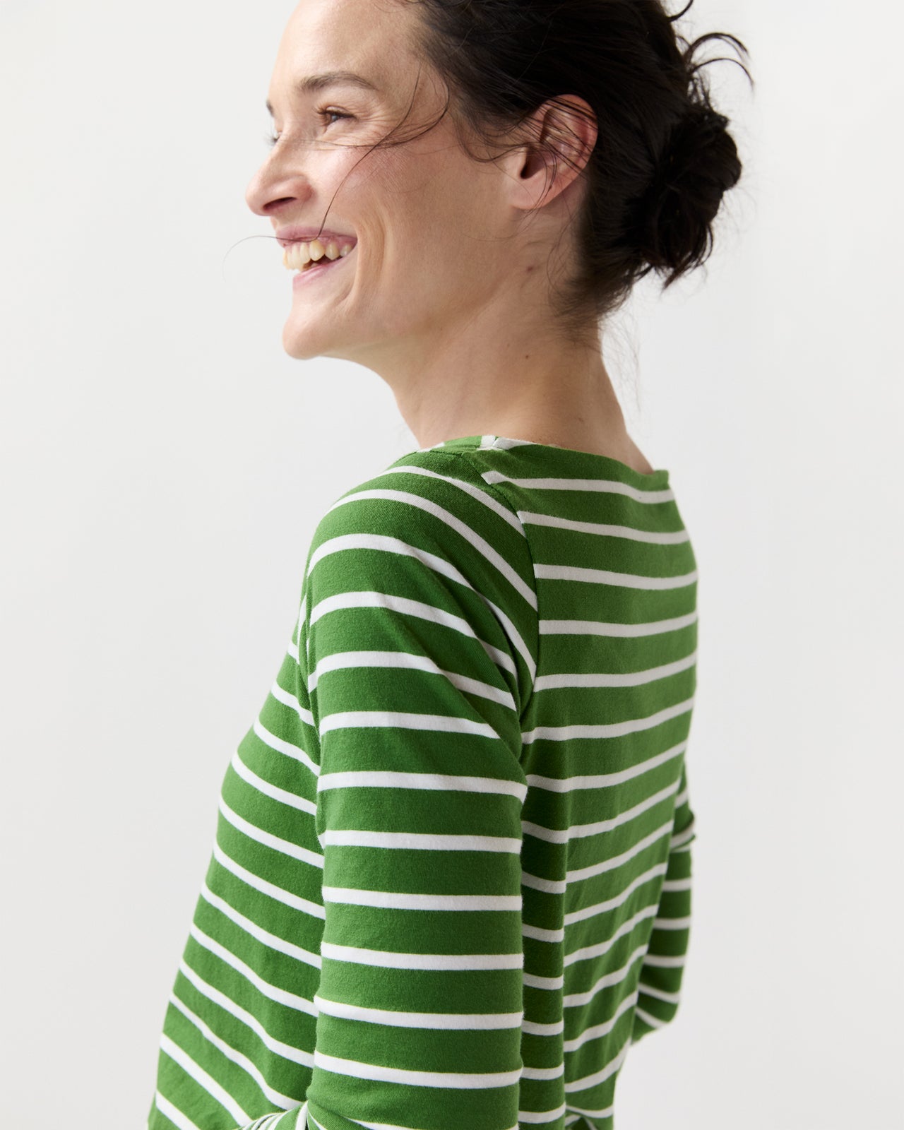 Long-Sleeved Boatneck Tee in Green/White Stripe Jersey
