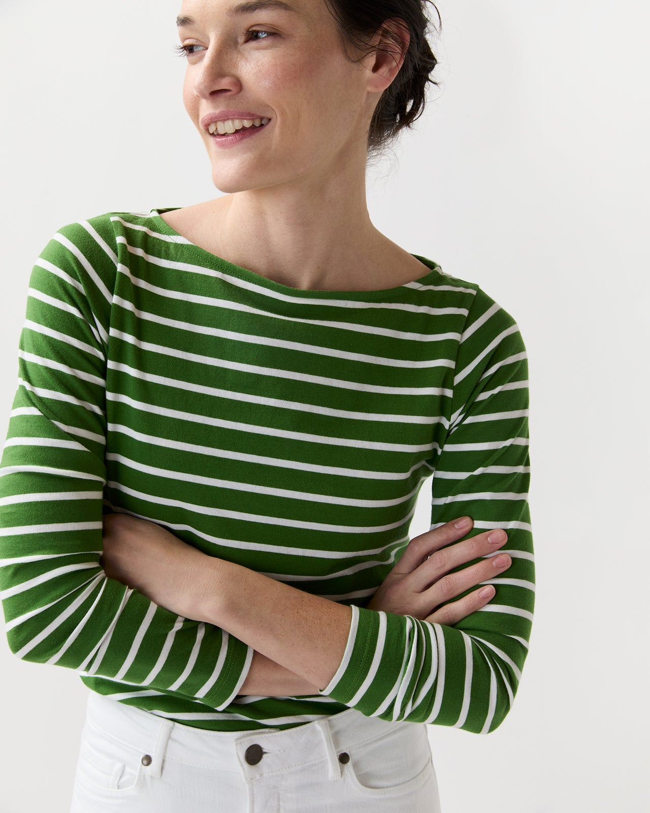 Long-Sleeved Boatneck Tee in Green/White Stripe Jersey