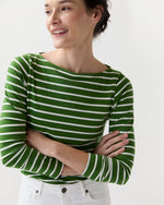 Load image into Gallery viewer, Long-Sleeved Boatneck Tee in Green/White Stripe Jersey

