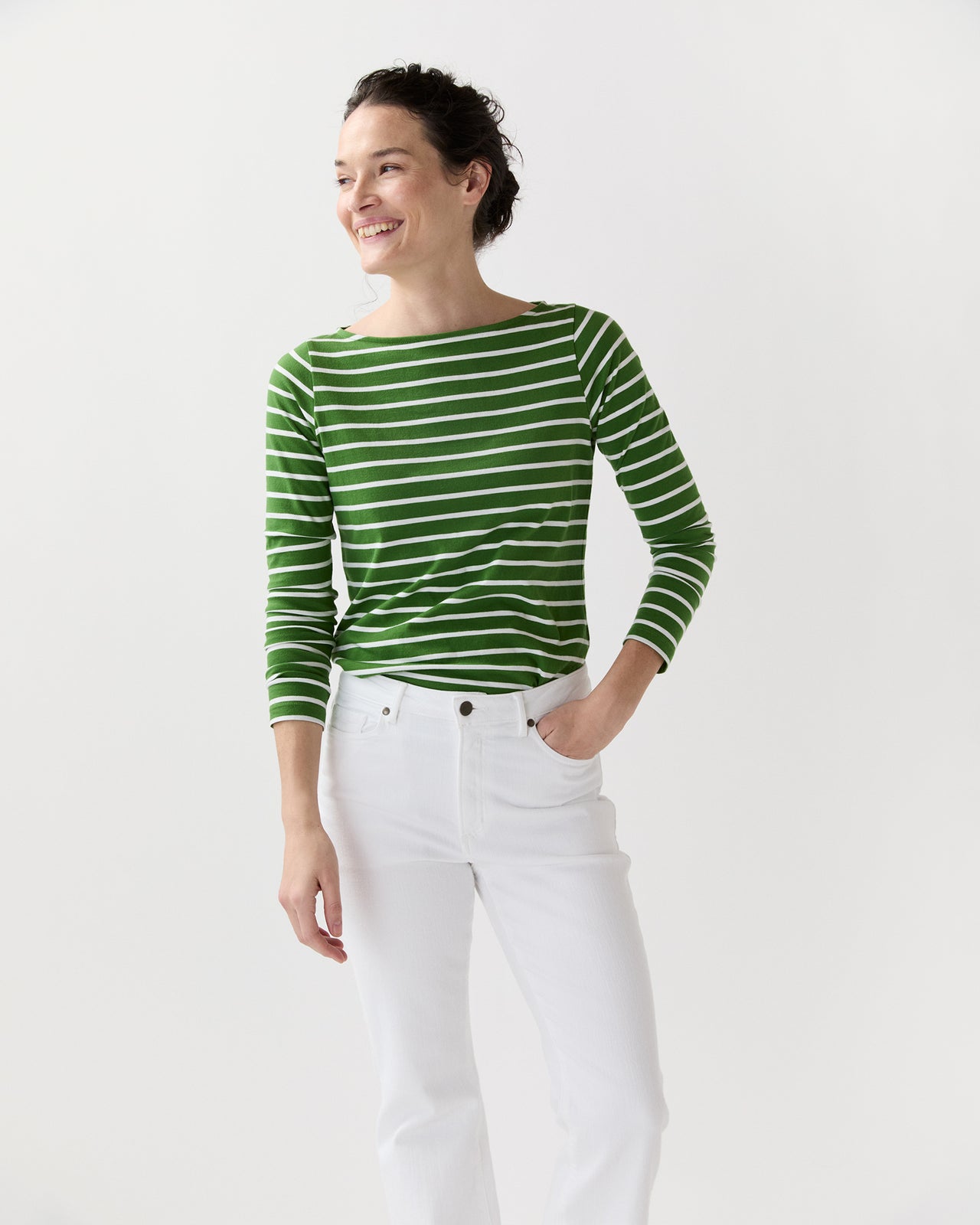 Long-Sleeved Boatneck Tee in Green/White Stripe Jersey
