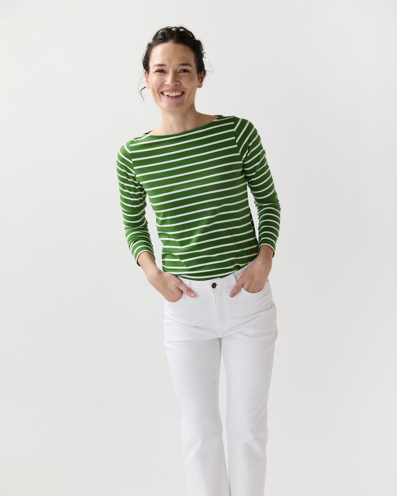 Long-Sleeved Boatneck Tee in Green/White Stripe Jersey