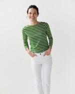 Load image into Gallery viewer, Long-Sleeved Boatneck Tee in Green/White Stripe Jersey
