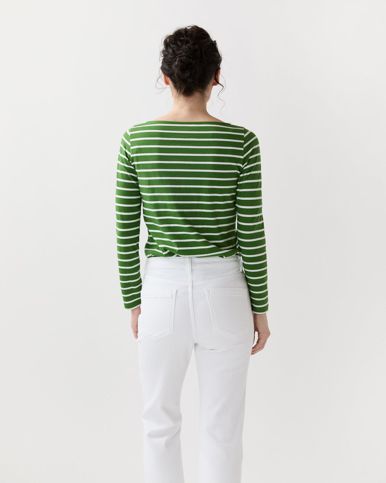 Long-Sleeved Boatneck Tee in Green/White Stripe Jersey
