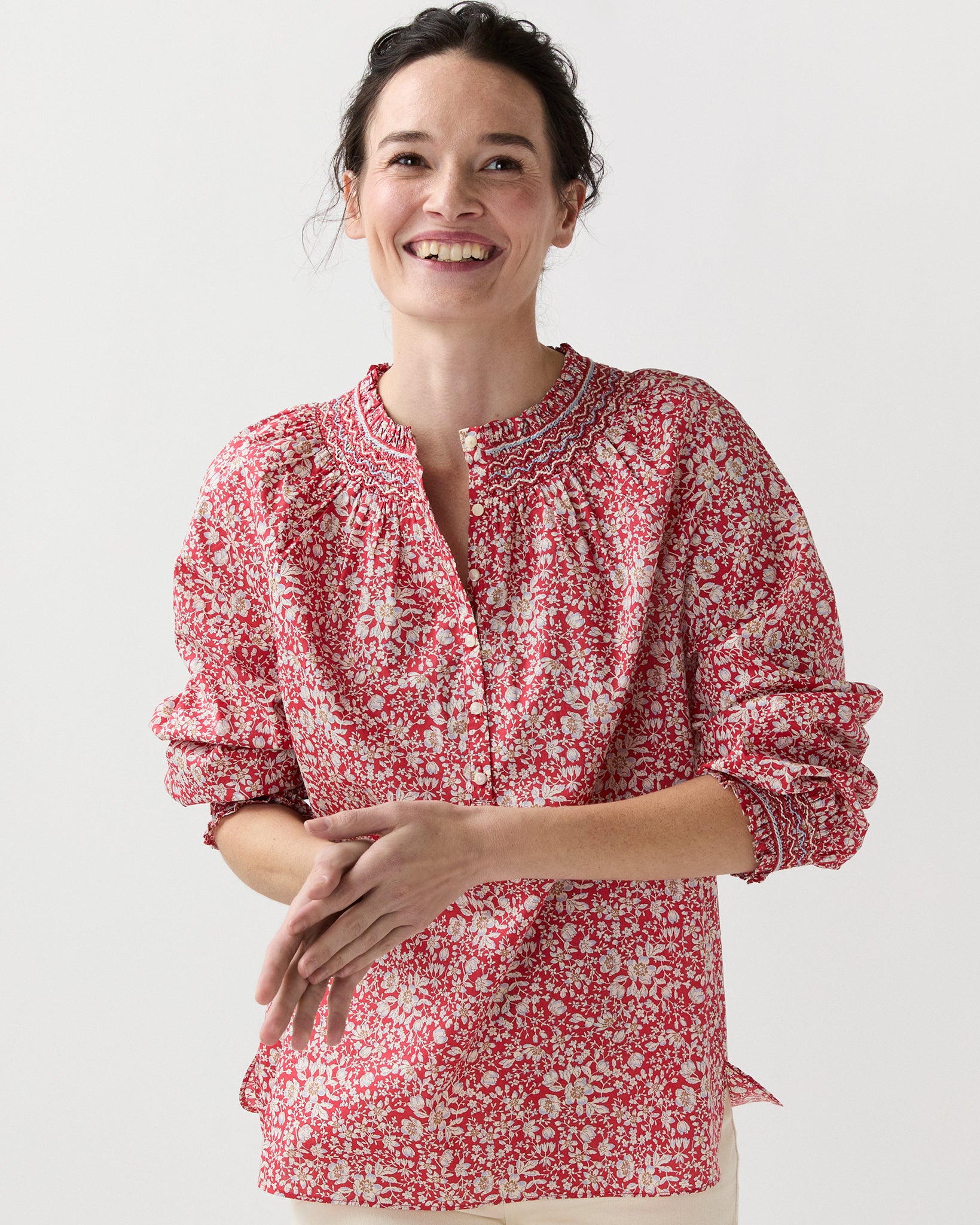 Christine Smocking Top in Red Lizzy Liberty Fabric | Shop Ann Mashburn