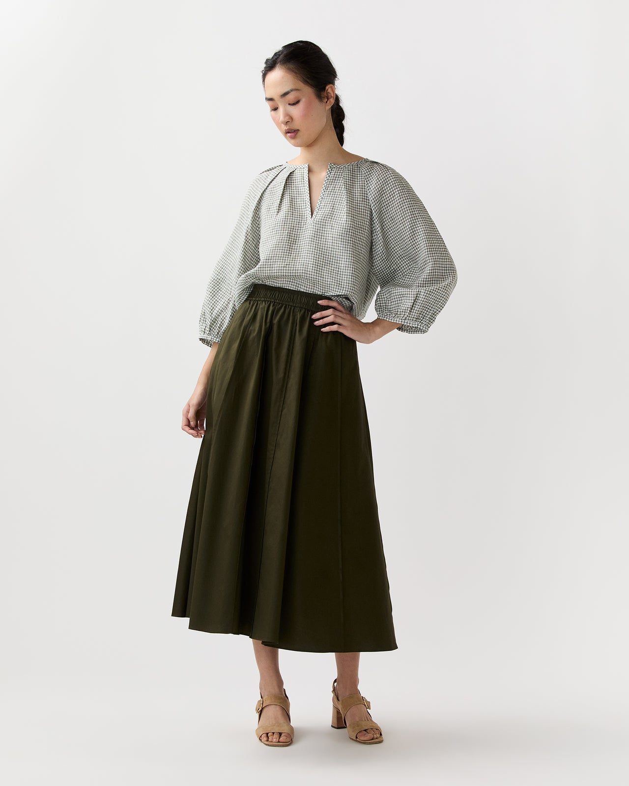 Victoria Blouse in Olive Gingham Sahara Linen