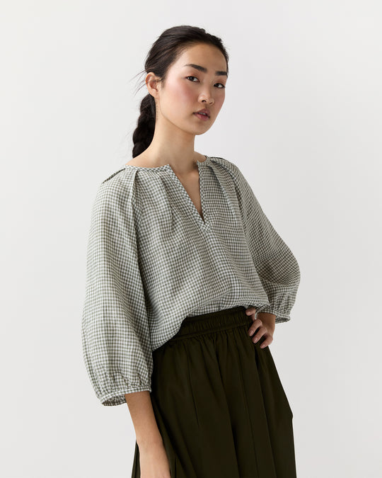 Victoria Blouse in Olive Gingham Sahara Linen