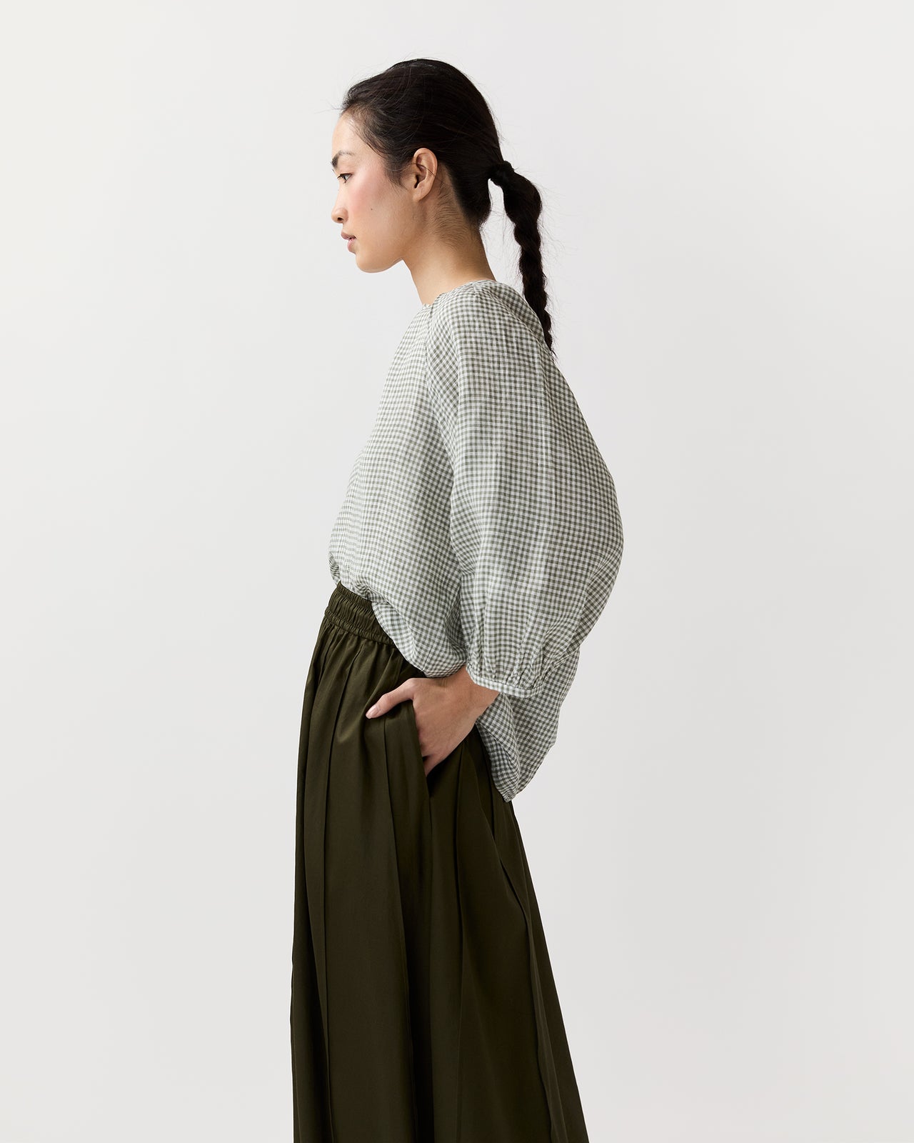 Victoria Blouse in Olive Gingham Sahara Linen
