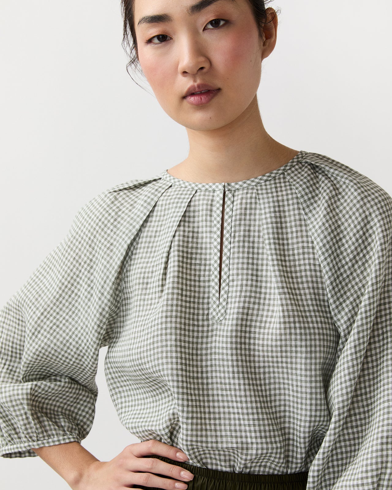 Victoria Blouse in Olive Gingham Sahara Linen