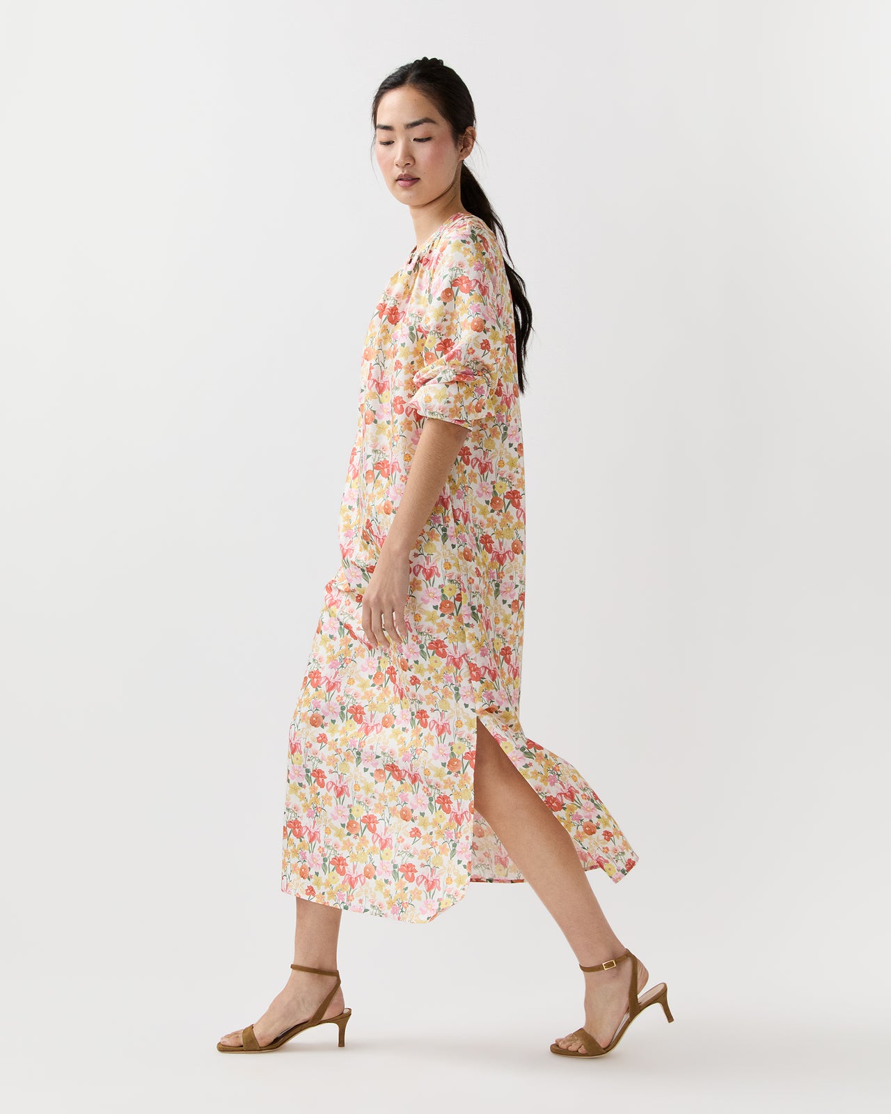 Trapunto Neck Dress in Multi Spring Blooms Italian Silk Shantung