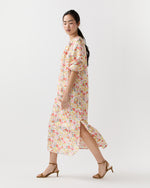 Load image into Gallery viewer, Trapunto Neck Dress in Multi Spring Blooms Italian Silk Shantung
