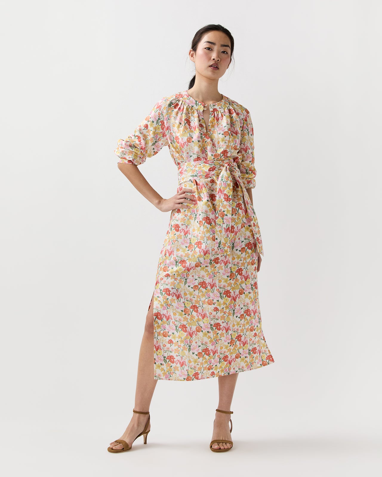 Trapunto Neck Dress in Multi Spring Blooms Italian Silk Shantung