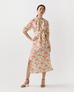 Load image into Gallery viewer, Trapunto Neck Dress in Multi Spring Blooms Italian Silk Shantung
