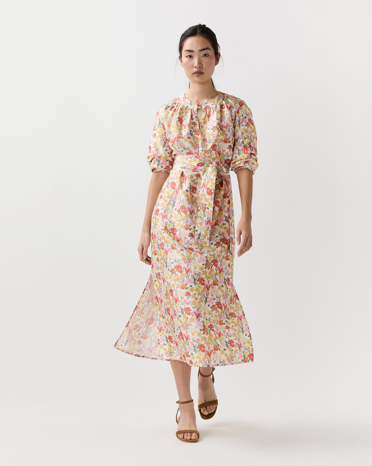 Trapunto Neck Dress in Multi Spring Blooms Italian Silk Shantung