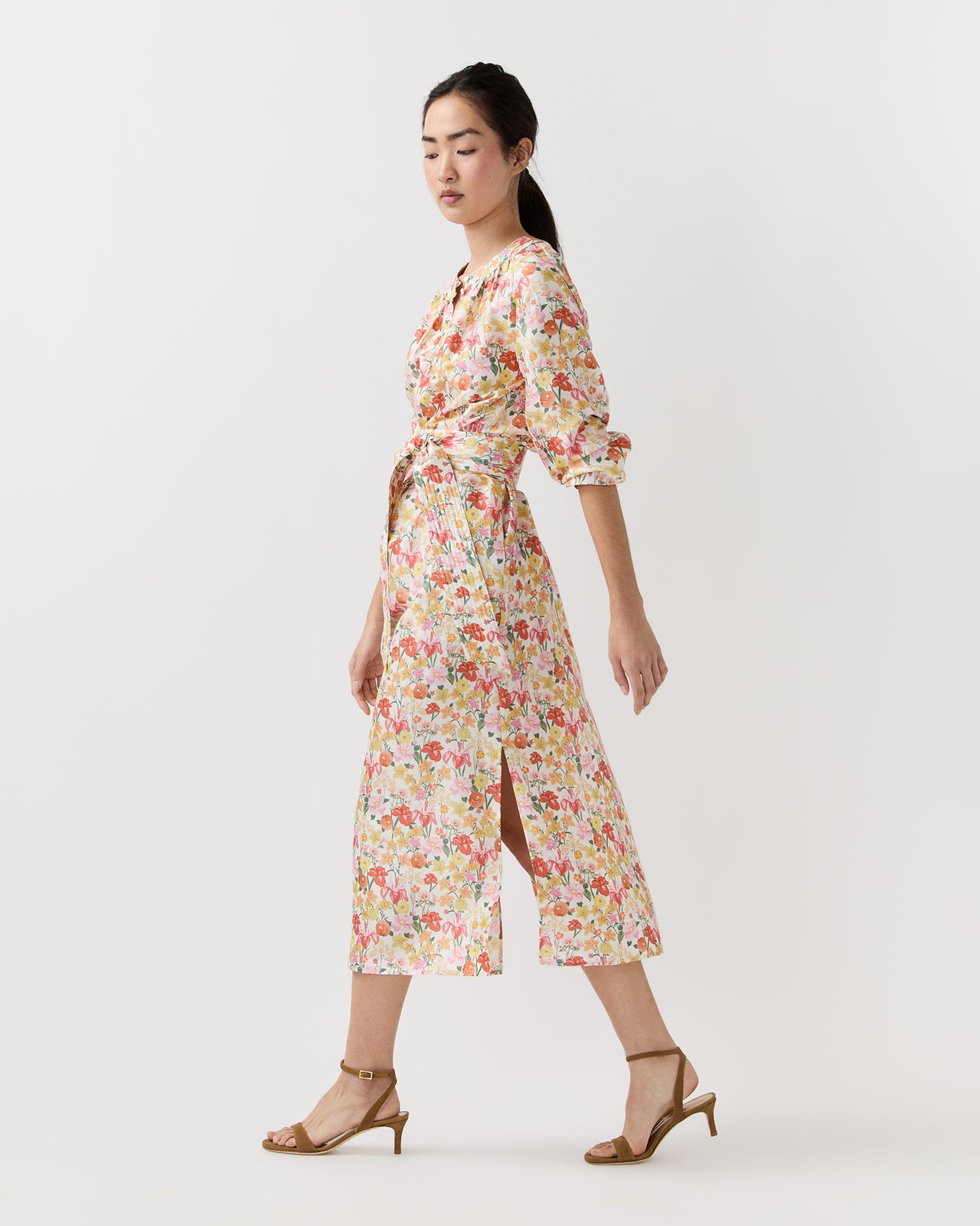 Trapunto Neck Dress in Multi Spring Blooms Italian Silk Shantung