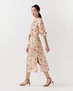 Load image into Gallery viewer, Trapunto Neck Dress in Multi Spring Blooms Italian Silk Shantung
