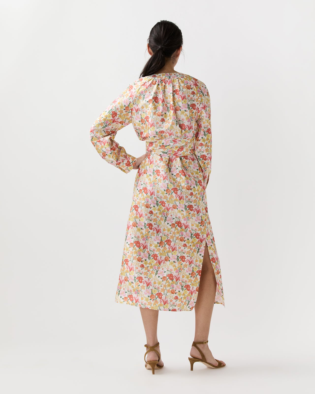Trapunto Neck Dress in Multi Spring Blooms Italian Silk Shantung
