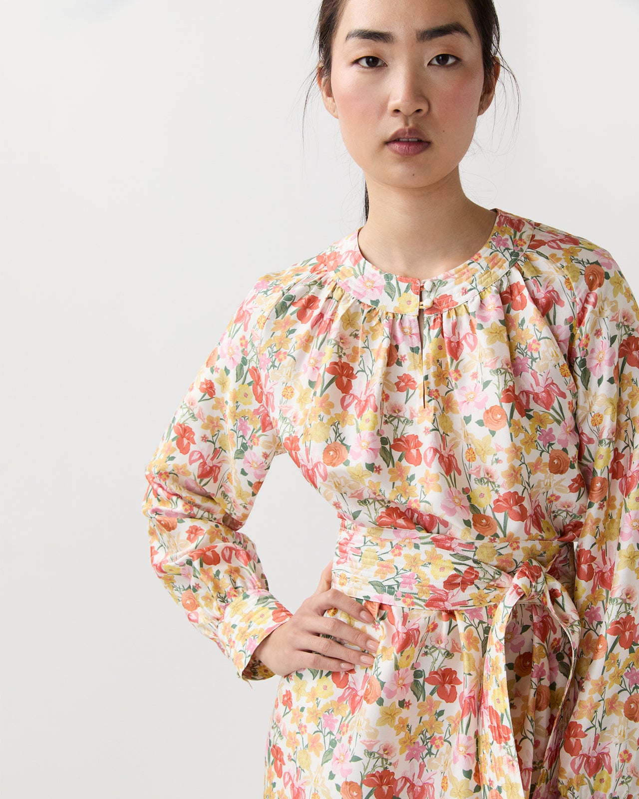 Trapunto Neck Dress in Multi Spring Blooms Italian Silk Shantung