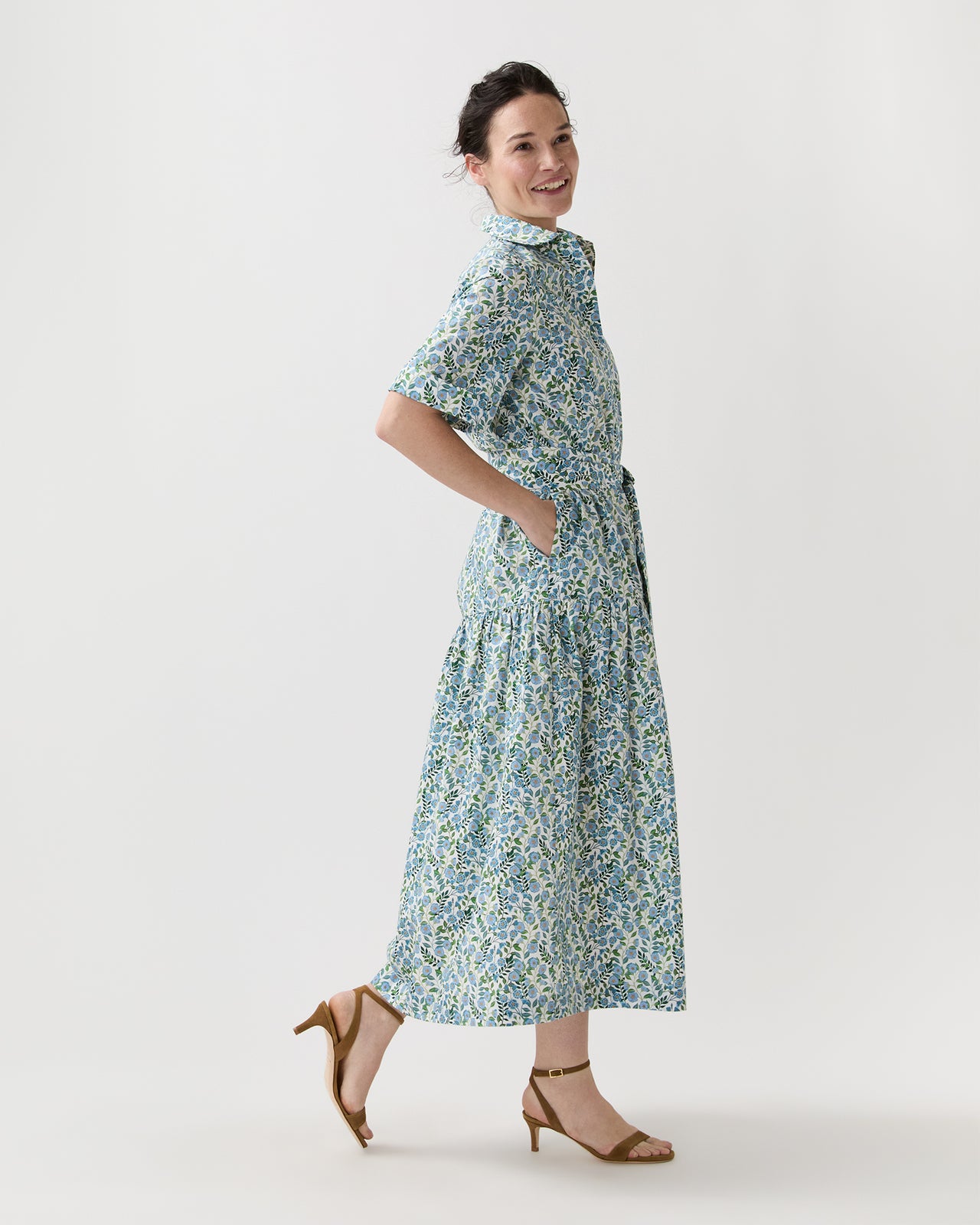 Nathalie Dress in Blue/Green Viger's Vine Liberty Fabric