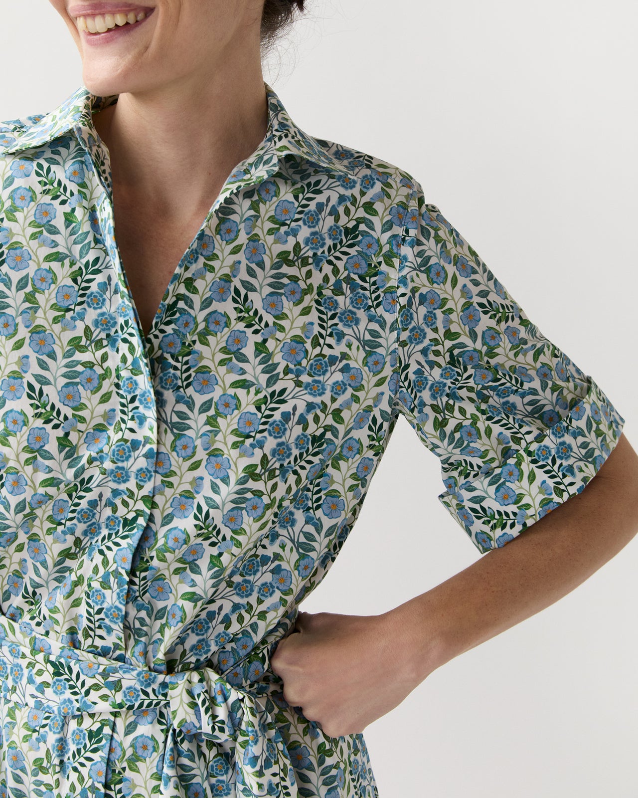 Nathalie Dress in Blue/Green Viger's Vine Liberty Fabric