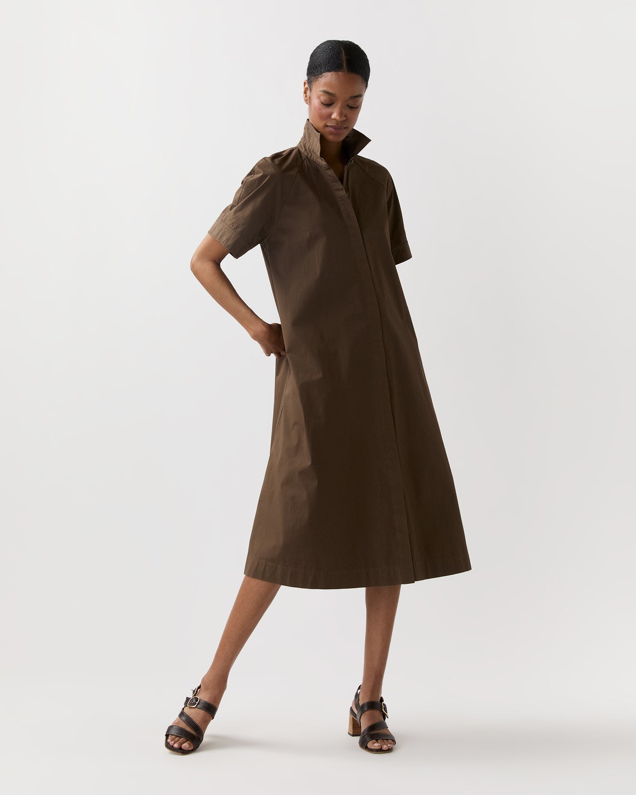 Riley Dress in Coffee Paperweight Stretch Poplin