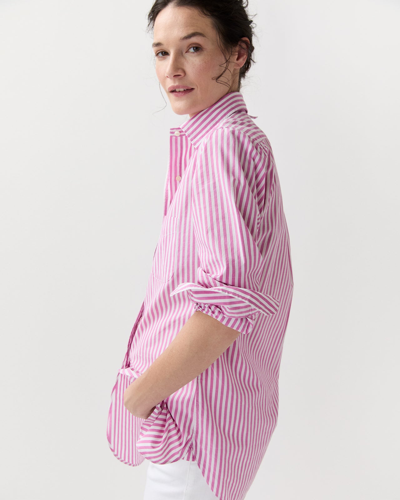 Boyfriend Shirt in Pink/White Stripe Chambray